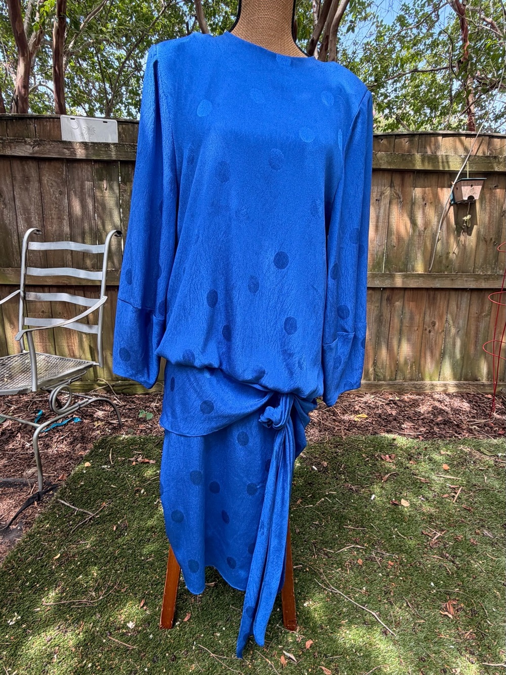 Vintage 80s Brenner Blue Polka Dot Draped Bow Cocktail Dress